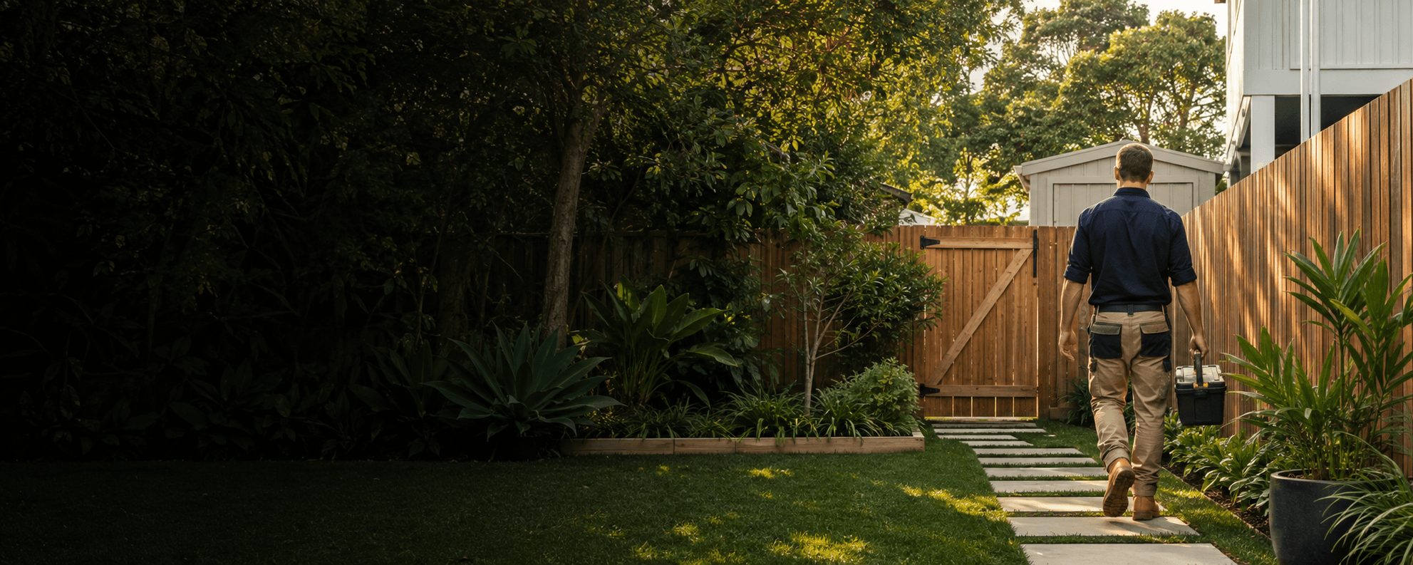 Handyman walking through a Brisbane garden with a toolbox